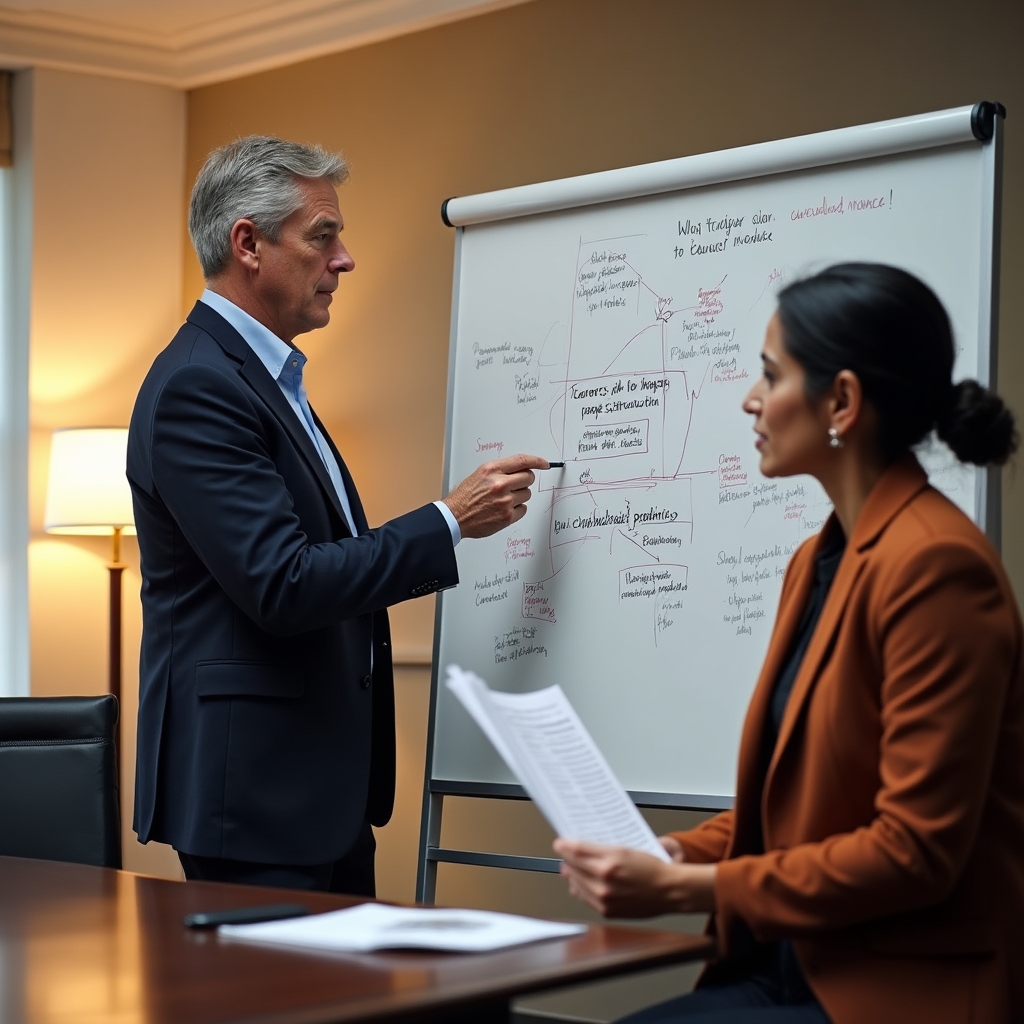 Curriculum developer and HR specialist reviewing training materials together at a whiteboard with SEO concepts mapped out